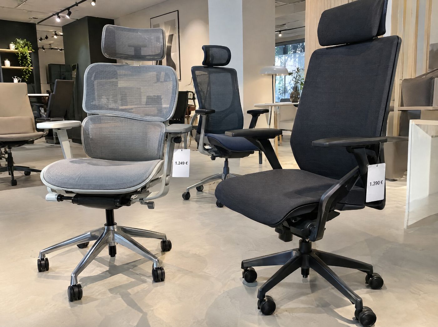 Premium-Bürostühle im Showroom mit Preisschildern über 1.000 Euro