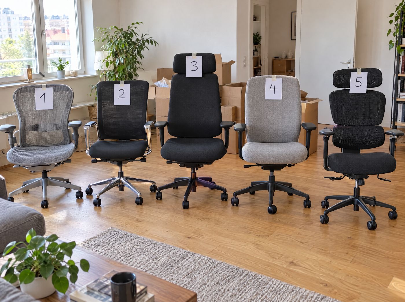 Fünf Bürostühle nebeneinander im Wohnzimmer