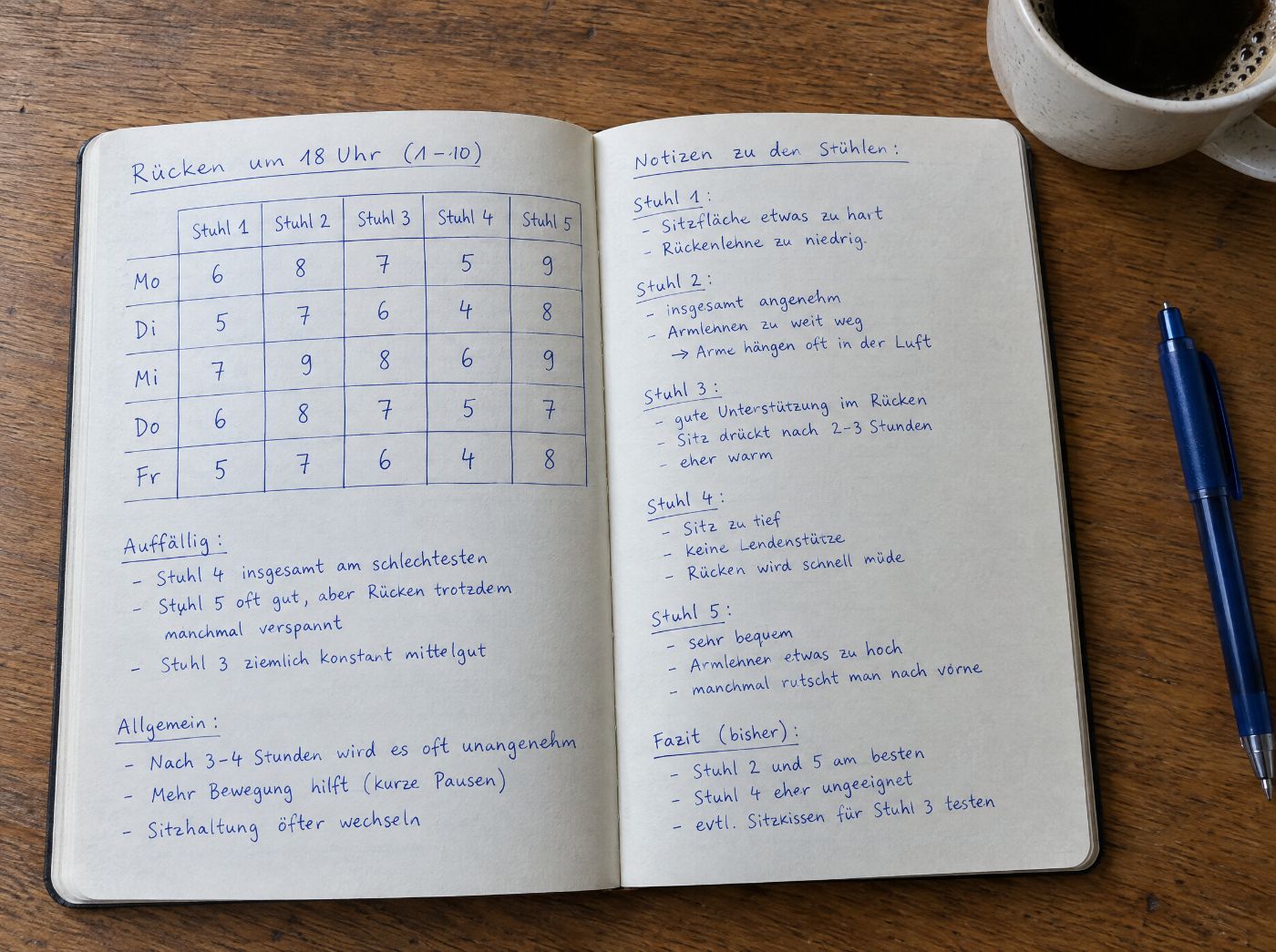 Testtagebuch mit Rücken-Bewertung um 18 Uhr