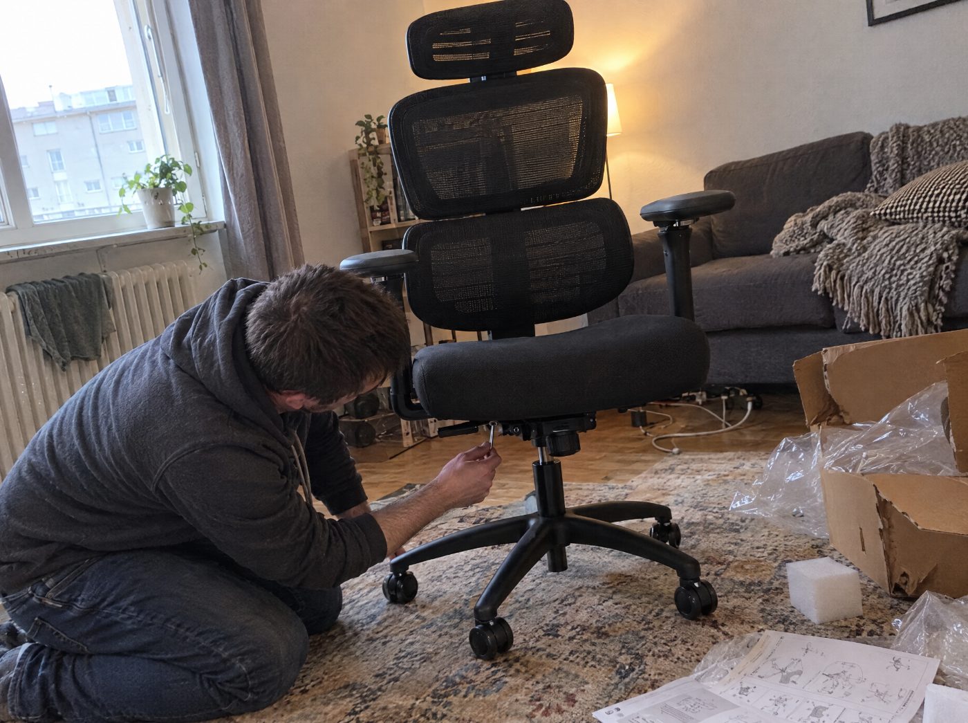 Aufbau des Bürostuhls im Wohnzimmer